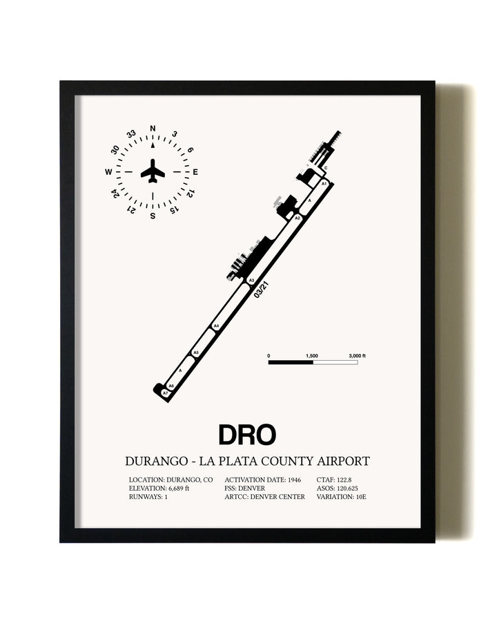 Framed Durango-La Plata County Airport wall art poster in black frame