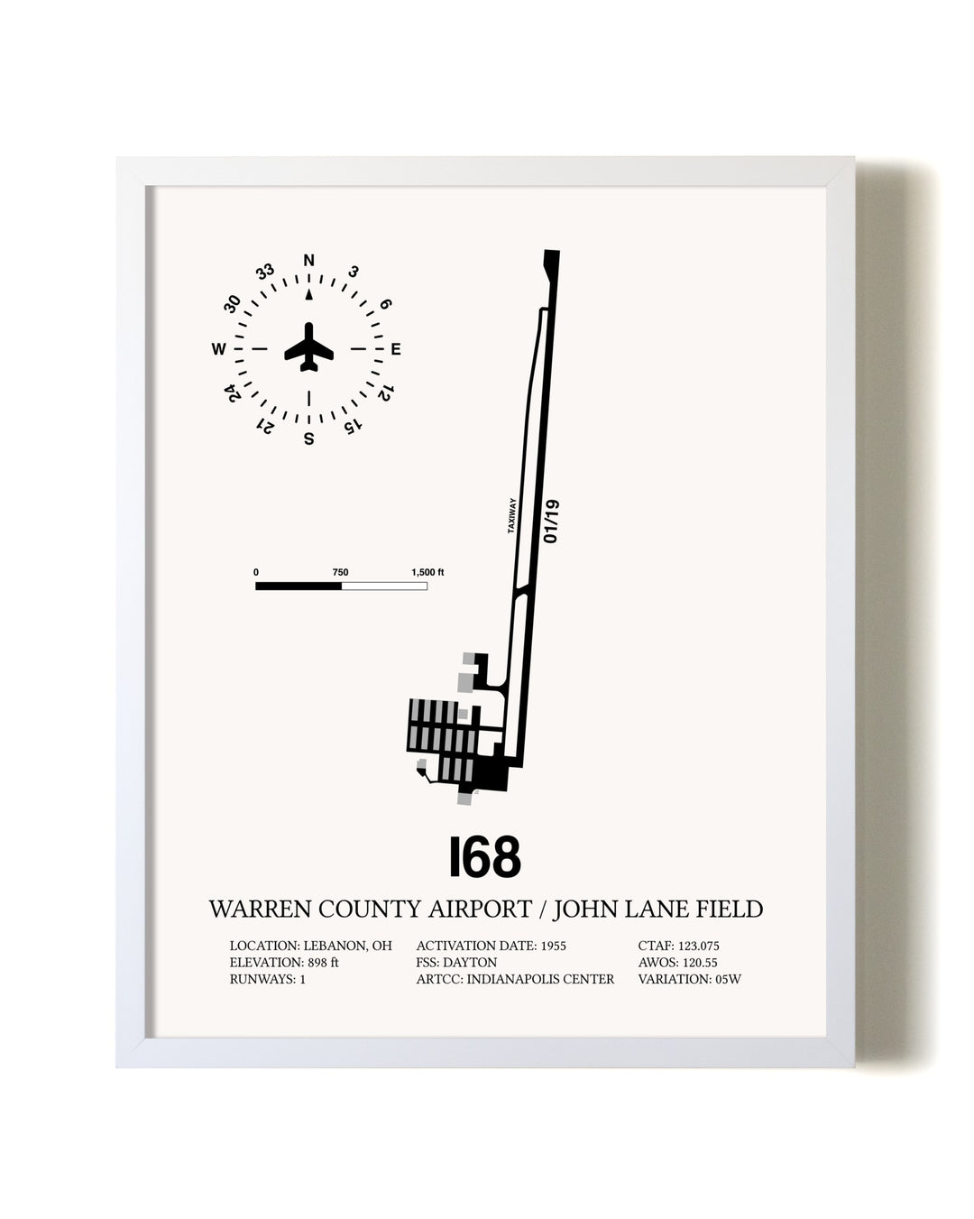 Warren County Airport / John Lane Field airport map poster in oak frame