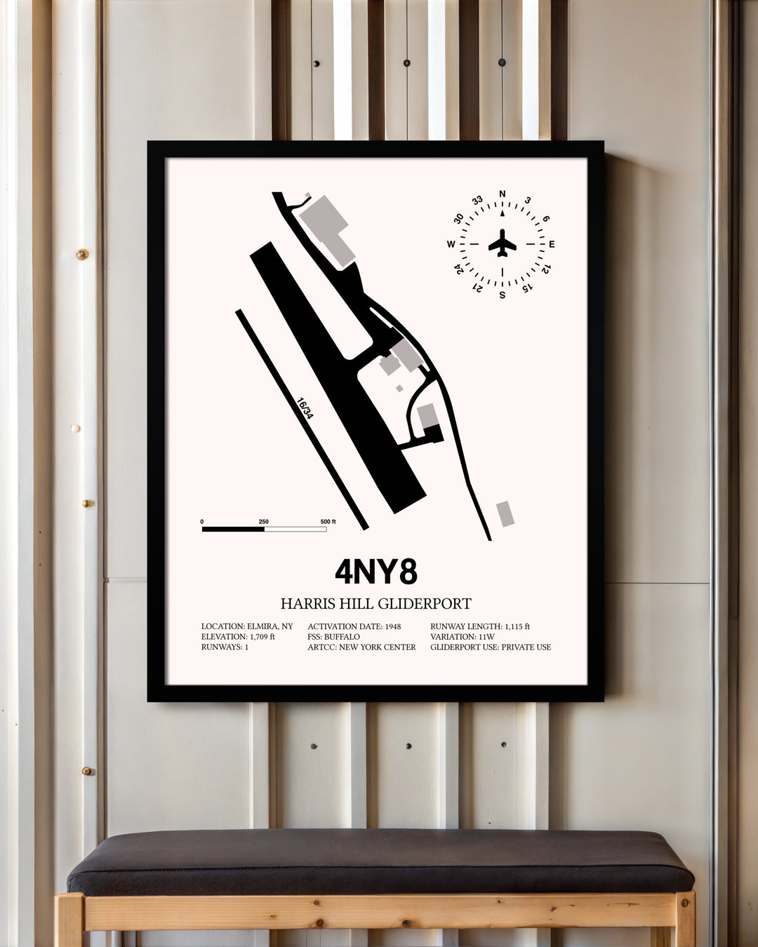 Harris Hill Gliderport framed poster displayed in an airplane hangar