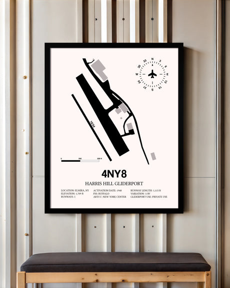Harris Hill Gliderport framed poster displayed in an airplane hangar