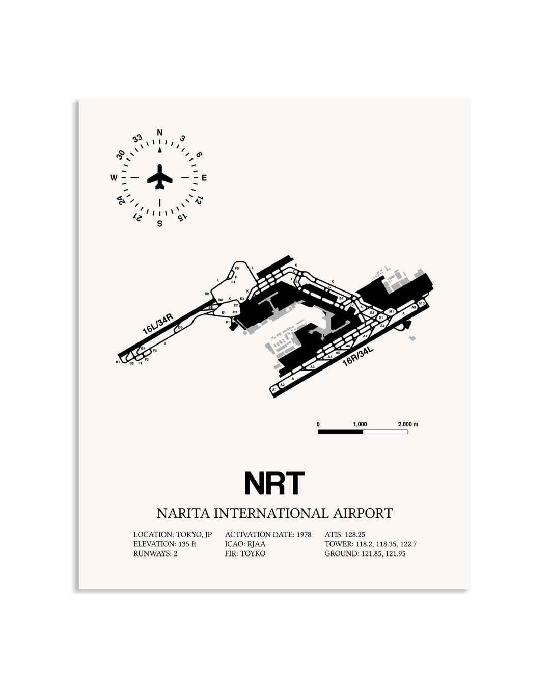 Gray Narita International Airport framed poster displayed in an airplane hangar