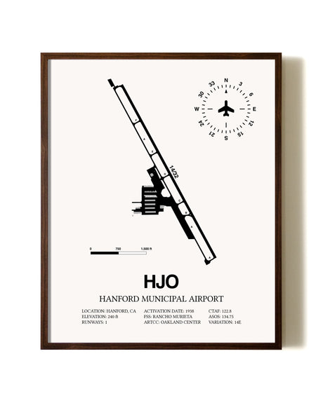 Hanford Municipal Airport aviation print in walnut frame