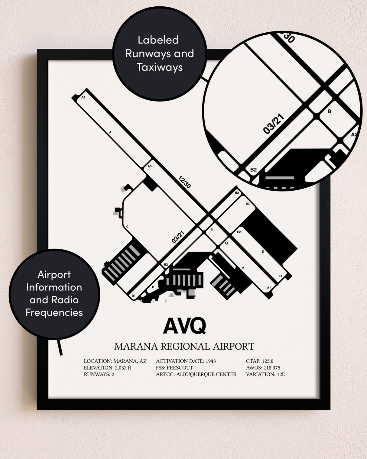 Framed Marana Regional Airport layout wall art poster