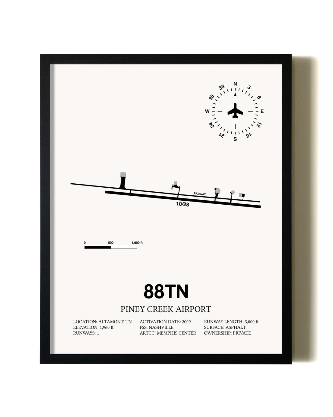 Framed Piney Creek Airport wall art poster in black frame