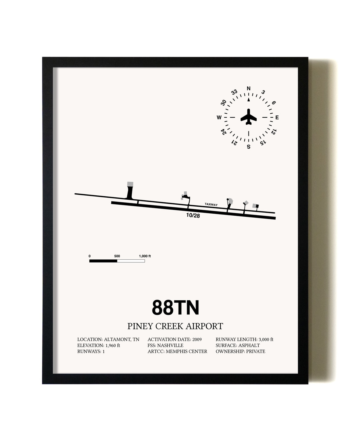 Framed Piney Creek Airport wall art poster in black frame