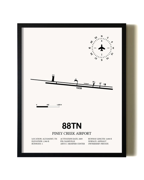Framed Piney Creek Airport wall art poster in black frame