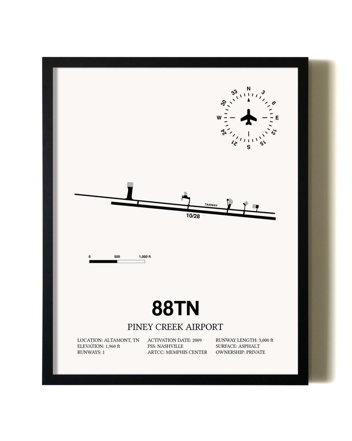 Framed Piney Creek Airport wall art poster in black frame