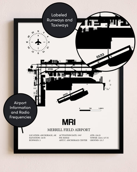 Framed Merrill Field Airport layout wall art poster