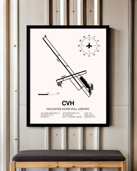 Hollister Municipal Airport framed poster displayed in an airplane hangar