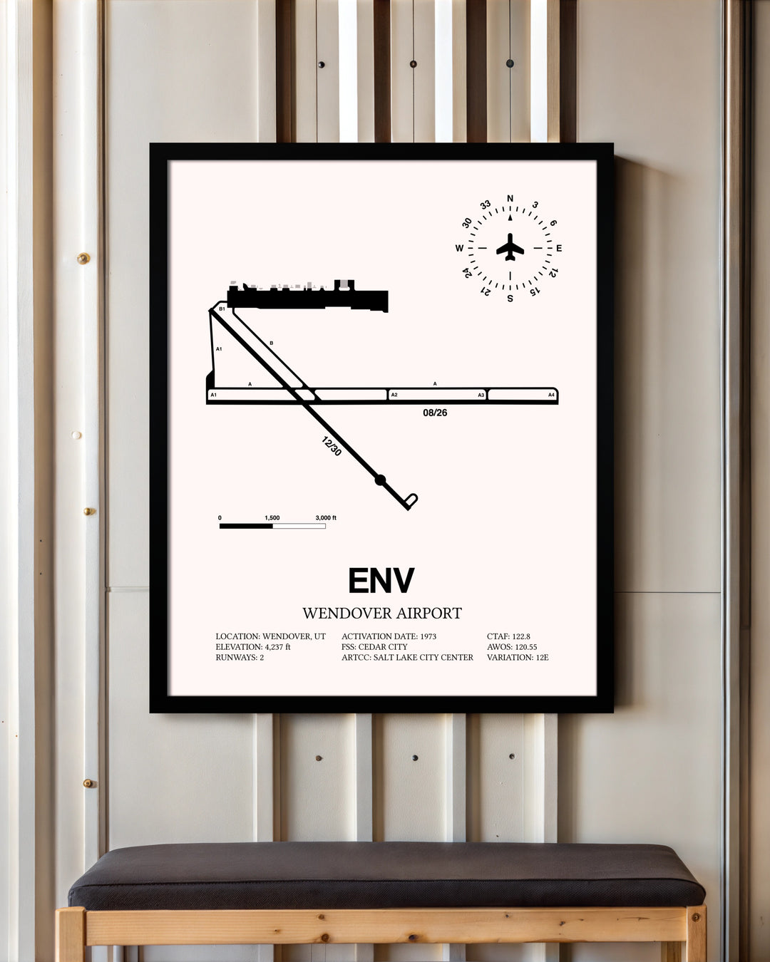 Wendover Airport framed poster displayed in an airplane hangar