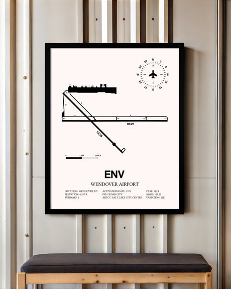 Wendover Airport framed poster displayed in an airplane hangar