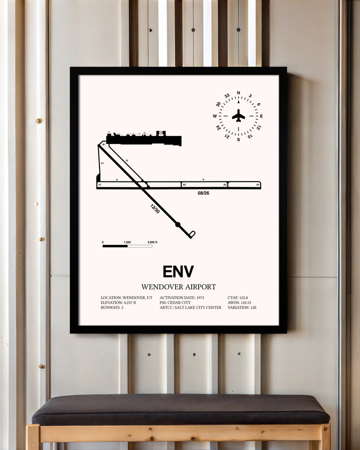 Wendover Airport framed poster displayed in an airplane hangar