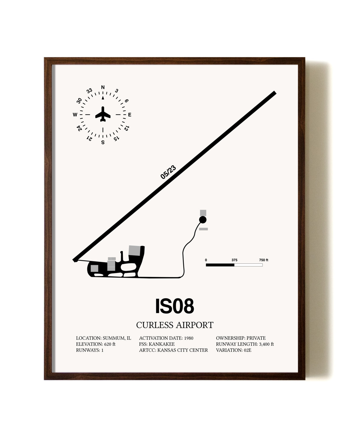 Curless Airport aviation print in walnut frame