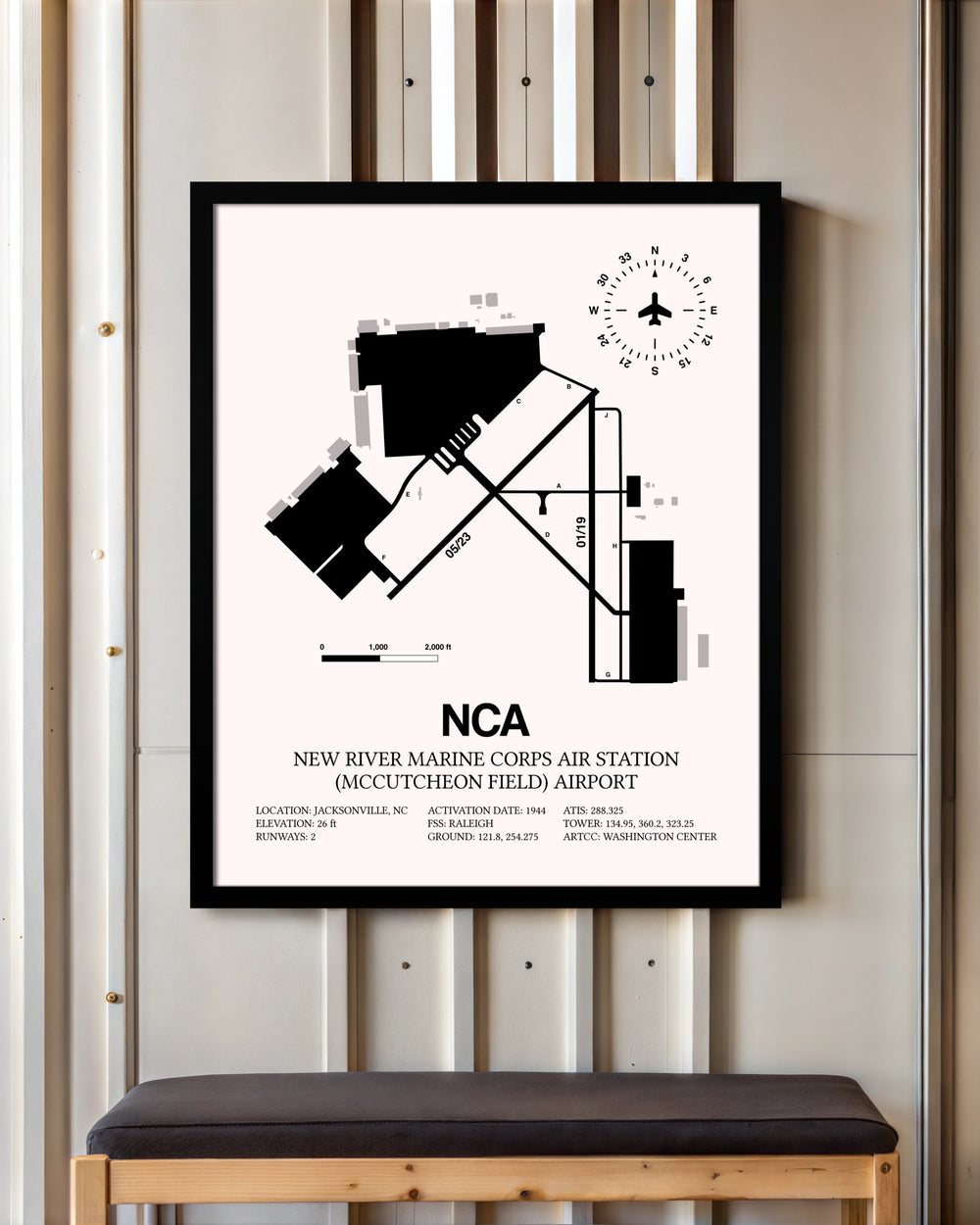 New River Marine Corps Air Station (McCutcheon Field) Airport framed poster displayed in an airplane hangar