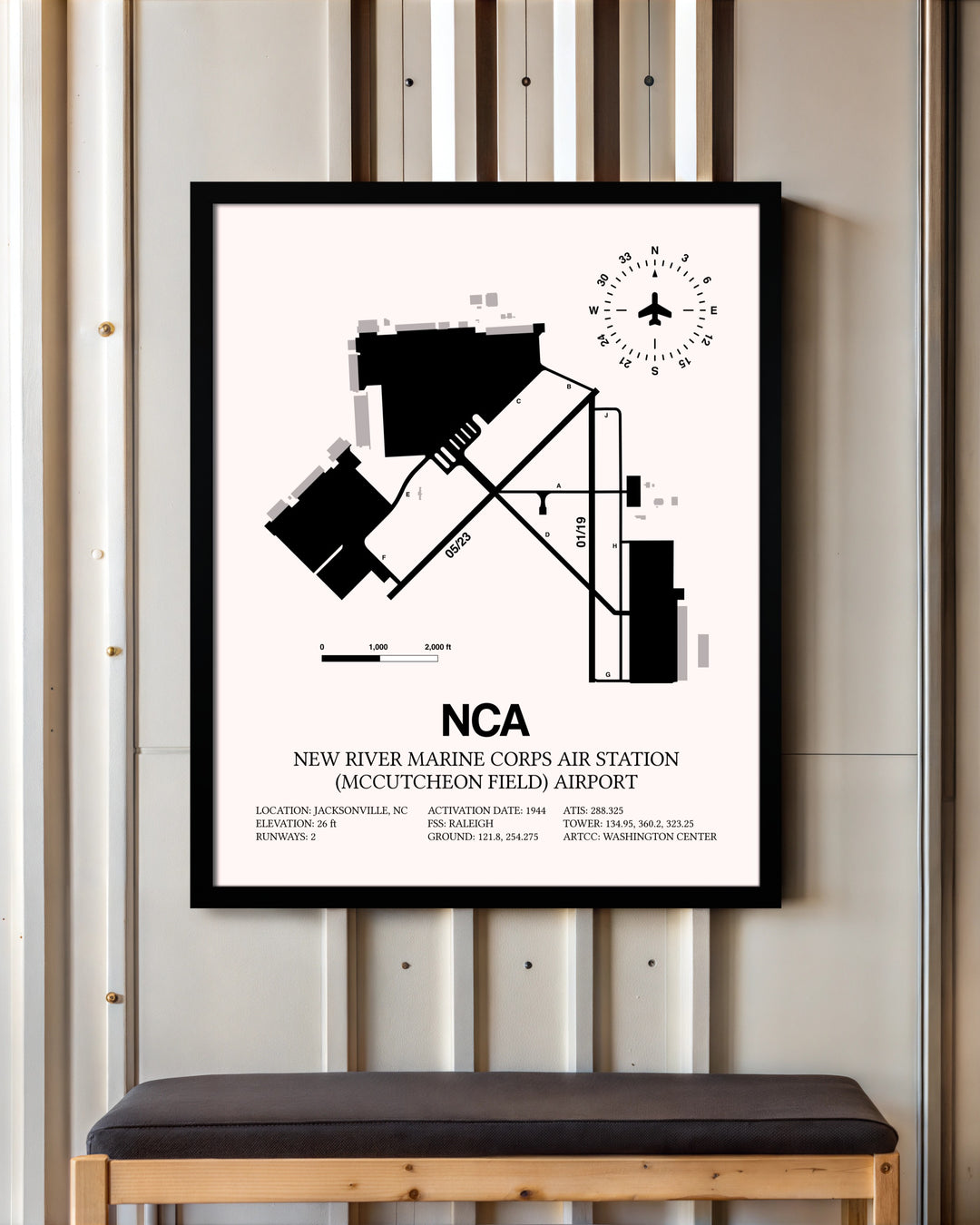 New River Marine Corps Air Station (McCutcheon Field) Airport framed poster displayed in an airplane hangar