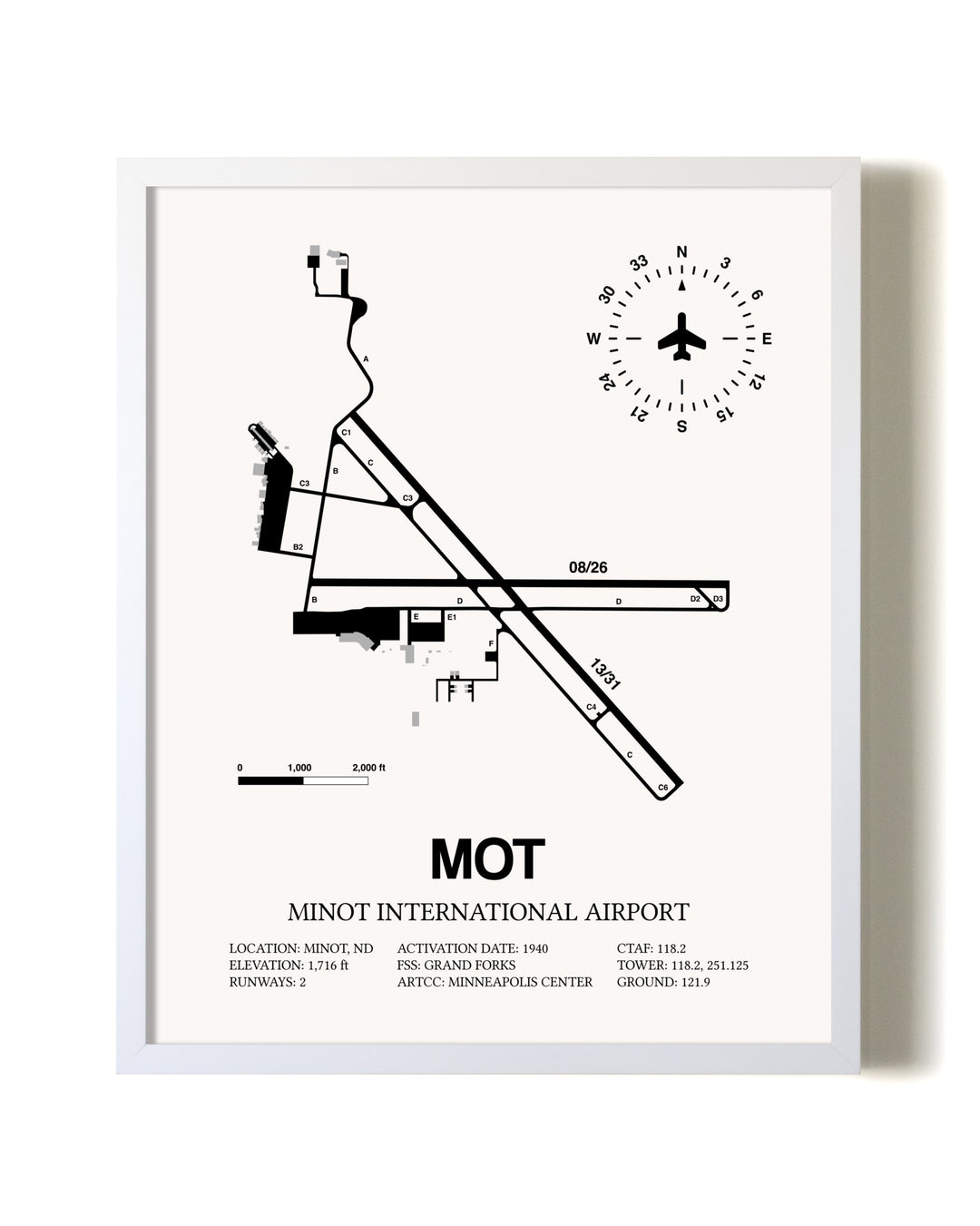 Minot International Airport airport map poster in oak frame