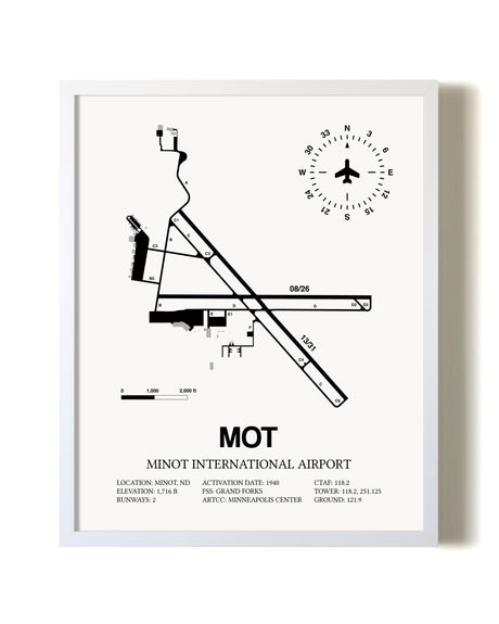 Minot International Airport airport map poster in oak frame
