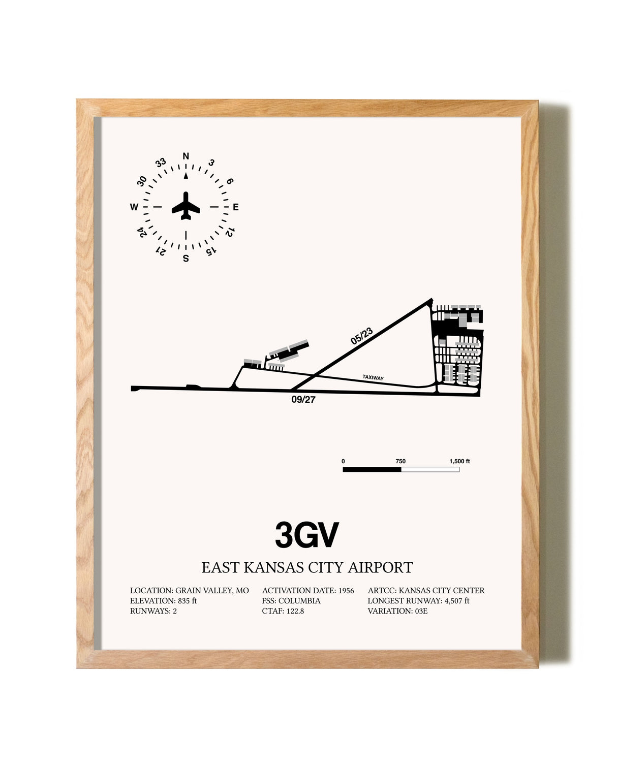 East Kansas City Airport framed print in natural wood frame