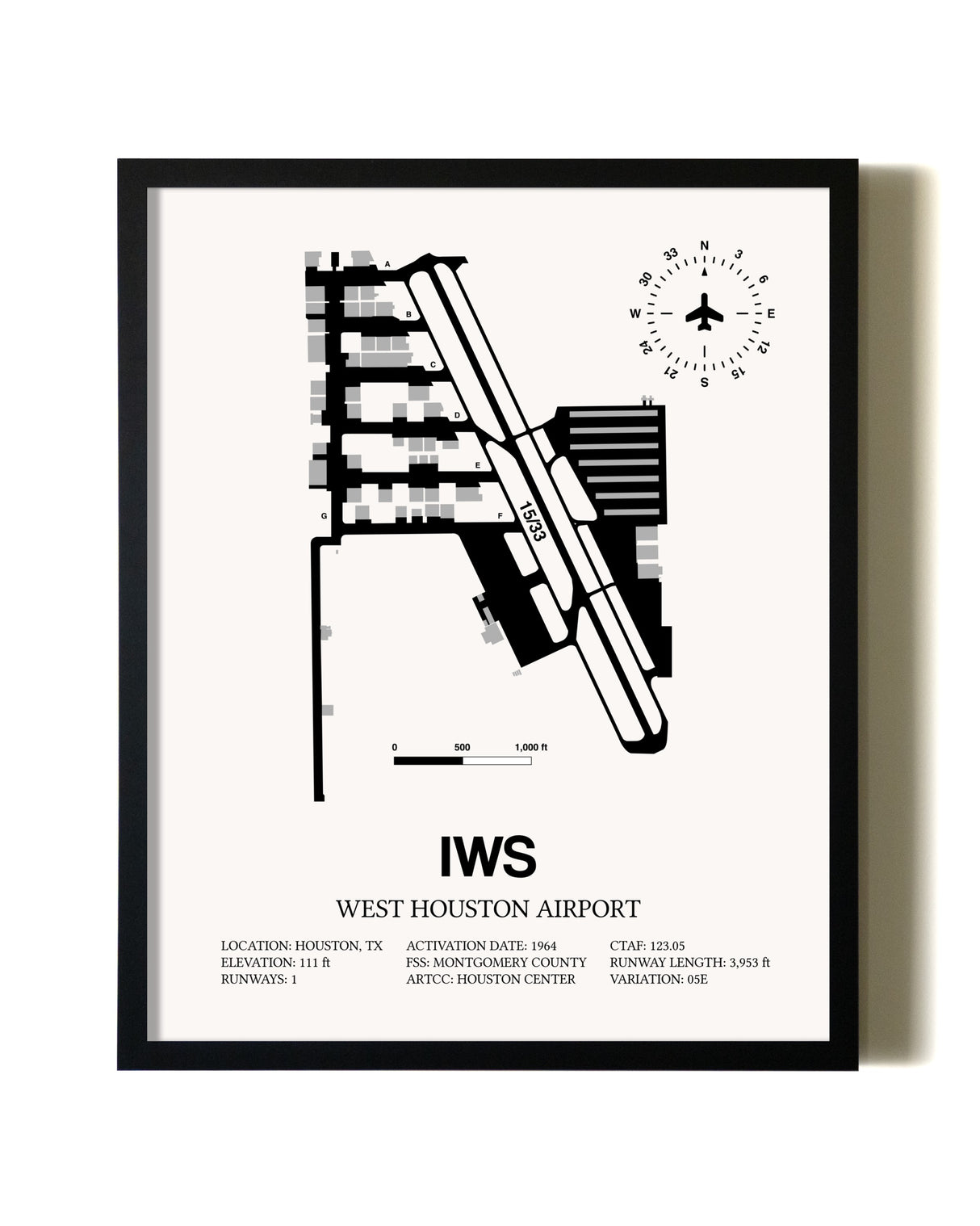 Framed West Houston Airport wall art poster in black frame