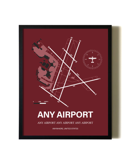 Red Framed Any Airport wall art poster in black frame