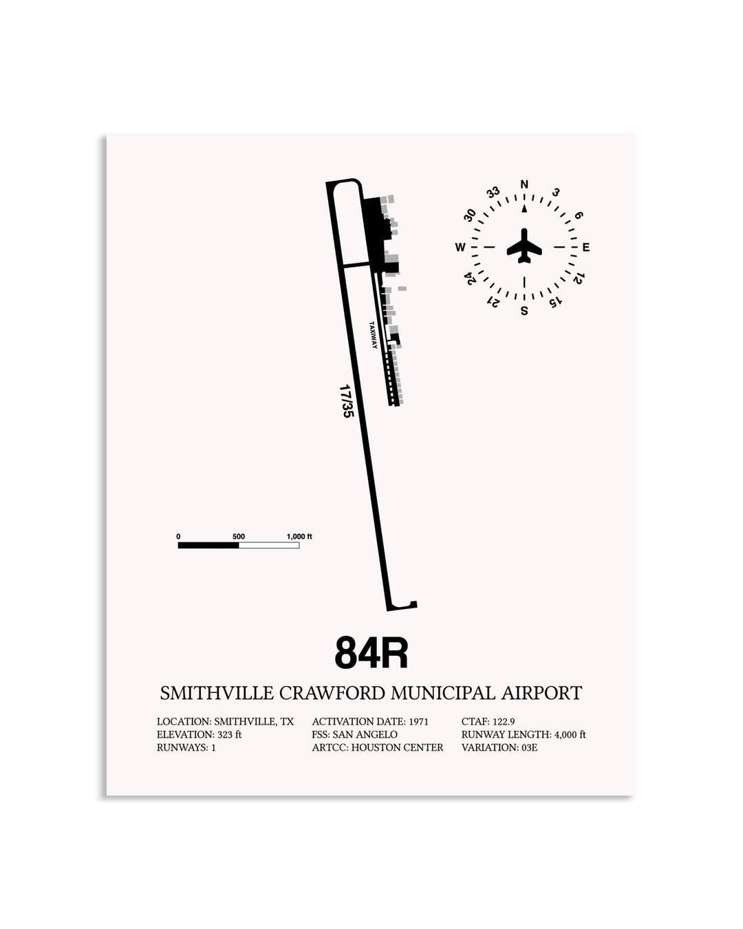 Gray Smithville Crawford Municipal Airport framed poster displayed in an airplane hangar