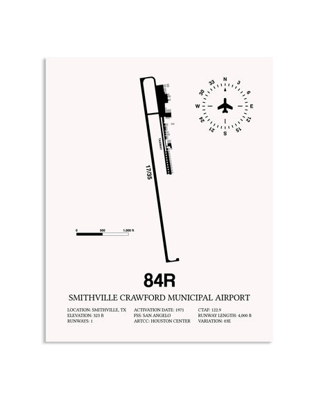 Gray Smithville Crawford Municipal Airport framed poster displayed in an airplane hangar