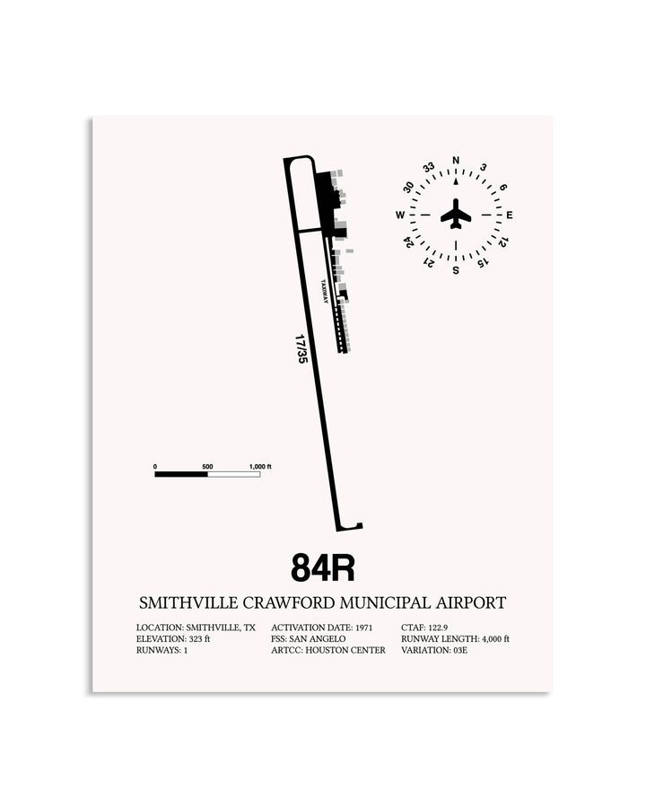 Gray Smithville Crawford Municipal Airport framed poster displayed in an airplane hangar