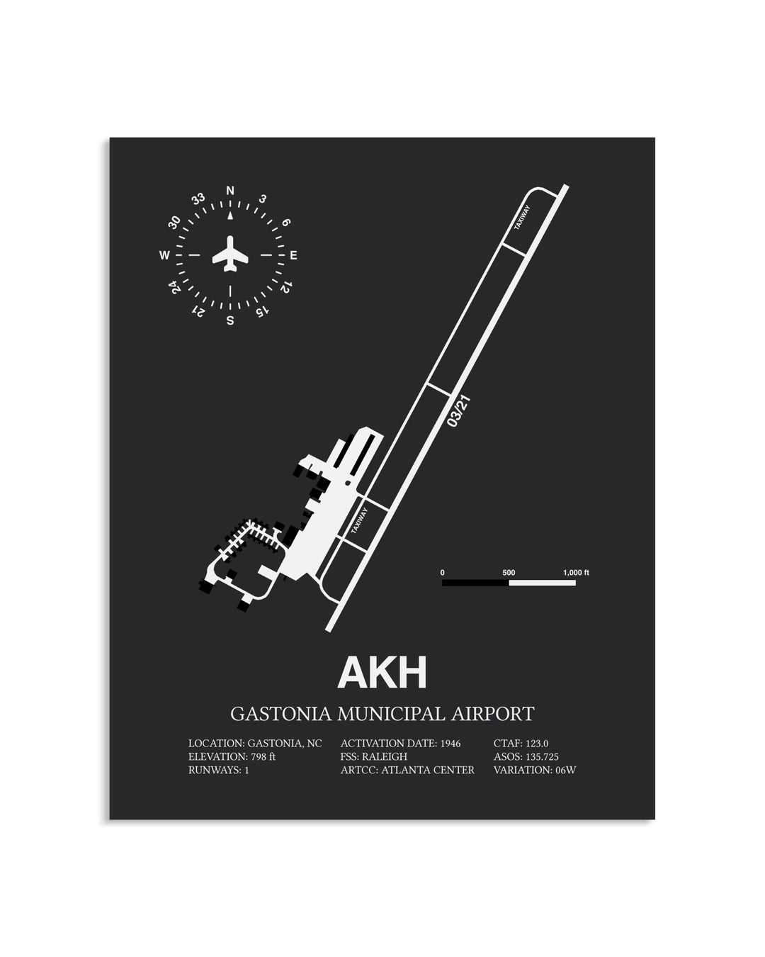 Gray Framed Gastonia Municipal Airport layout wall art poster