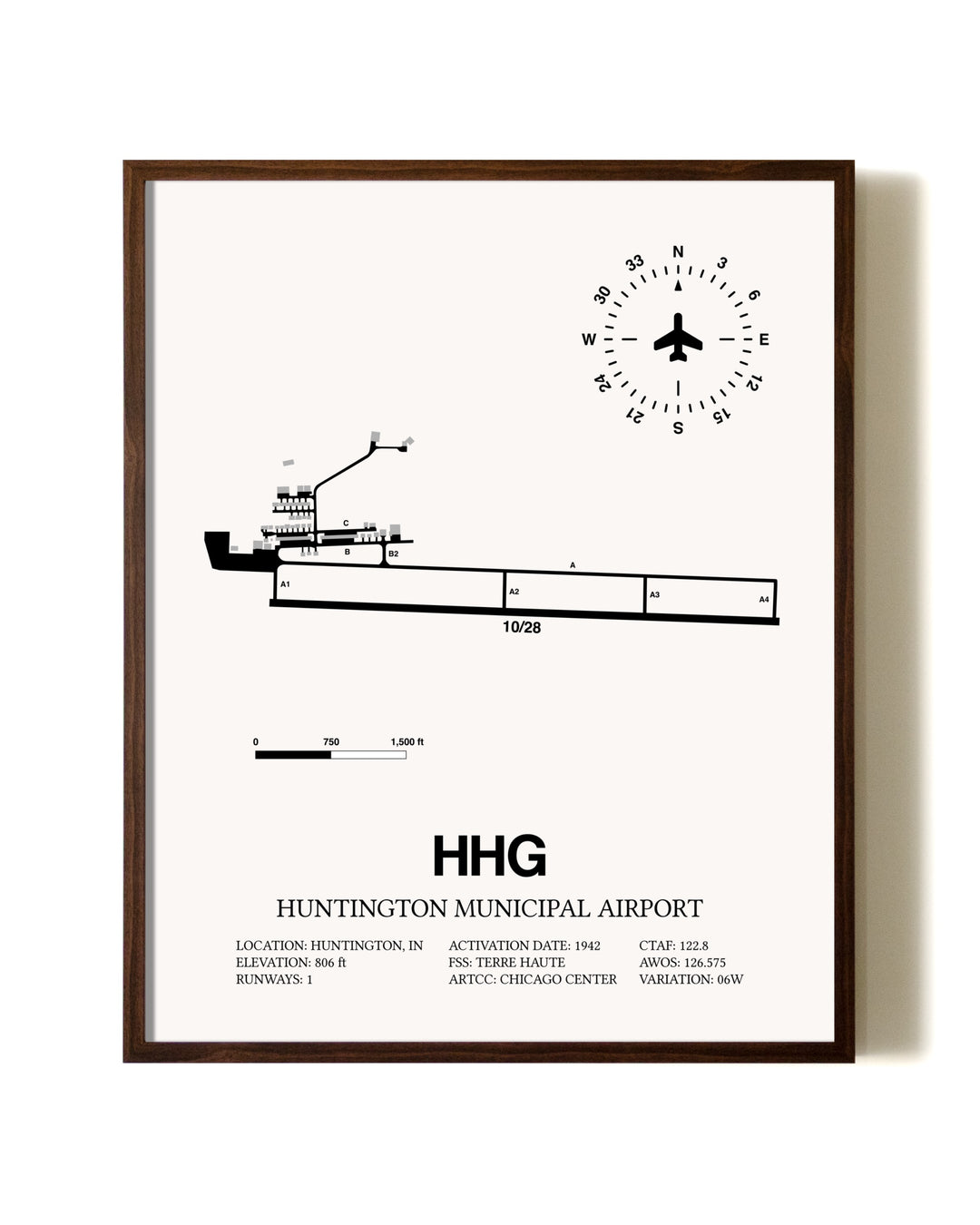 Huntington Municipal Airport aviation print in walnut frame