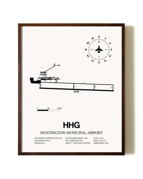 Huntington Municipal Airport aviation print in walnut frame