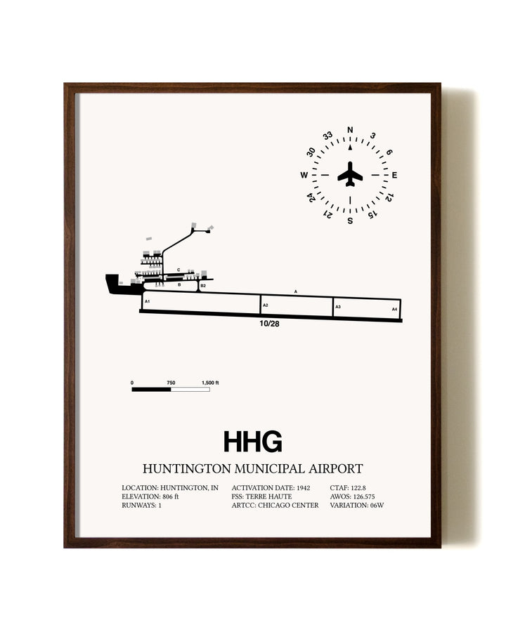 Huntington Municipal Airport aviation print in walnut frame