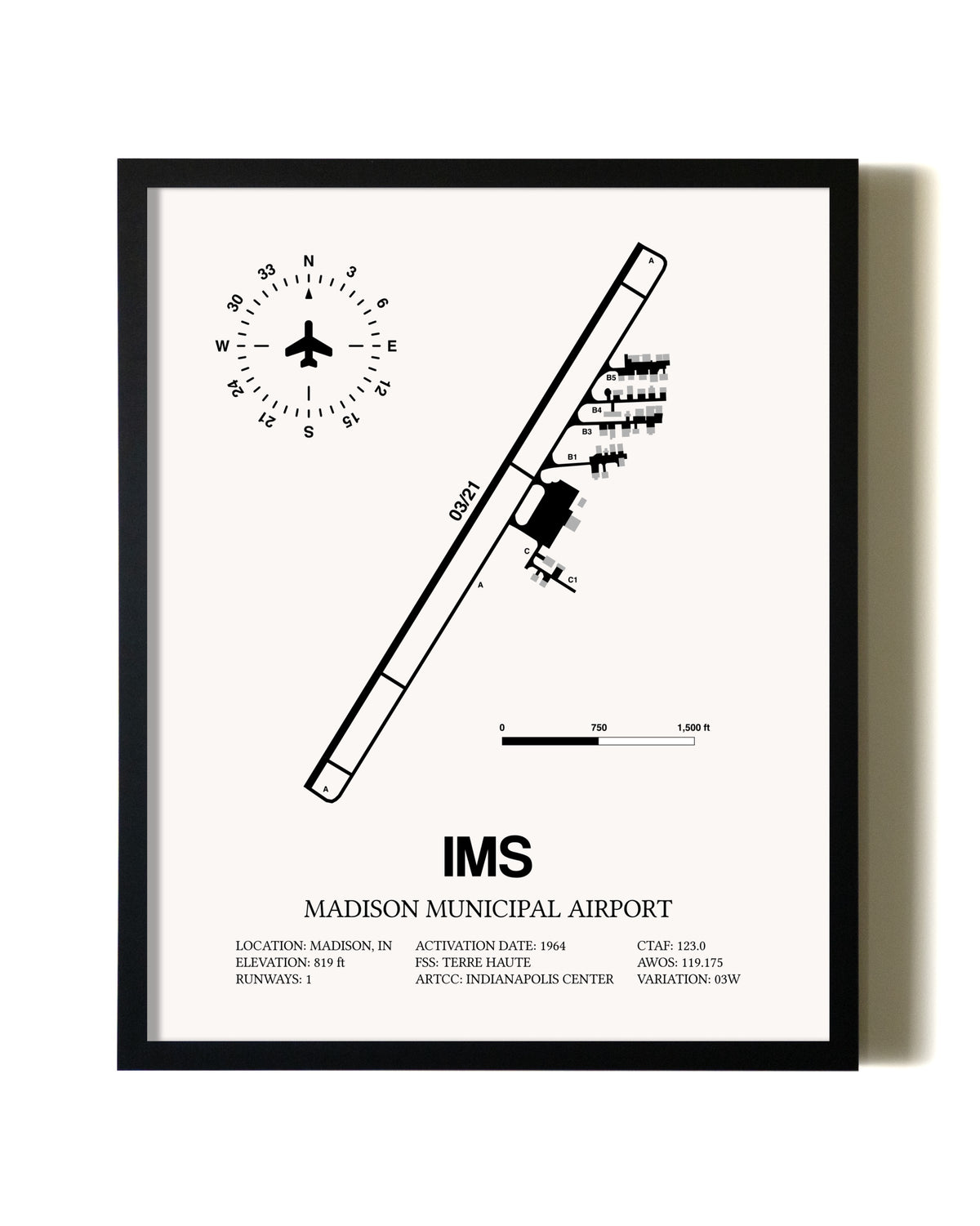 Framed Madison Municipal Airport wall art poster in black frame