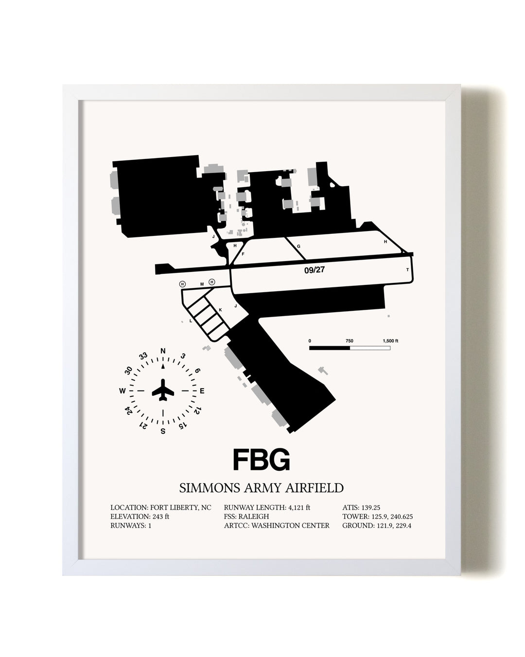 Simmons Army Airfield airport map poster in oak frame