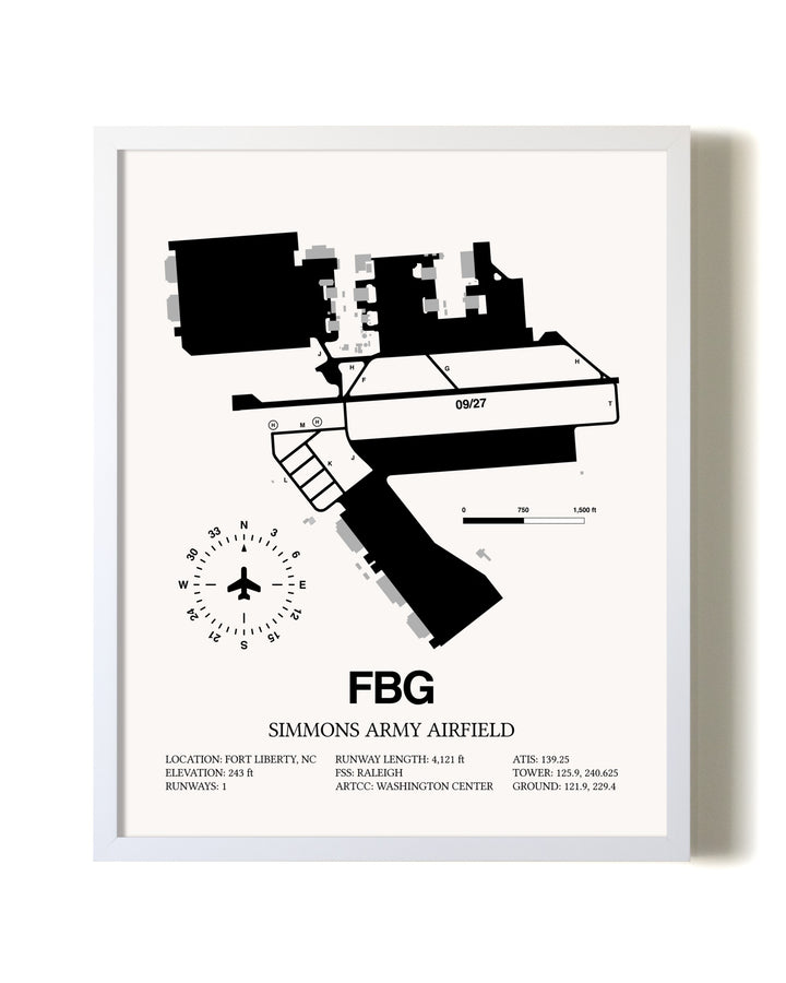 Simmons Army Airfield airport map poster in oak frame