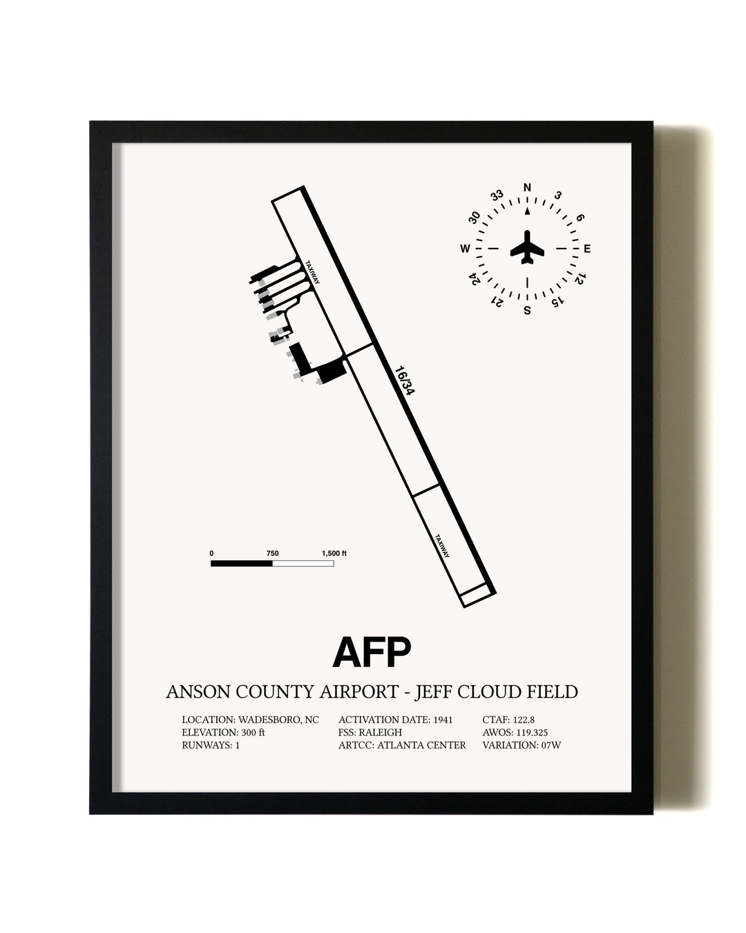 Framed Anson County Airport - Jeff Cloud Field wall art poster in black frame