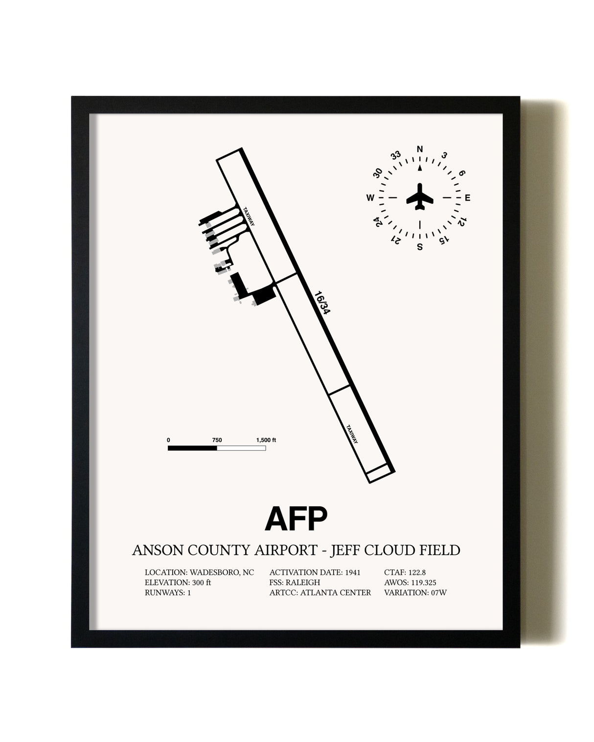 Framed Anson County Airport - Jeff Cloud Field wall art poster in black frame