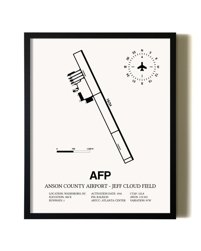 Framed Anson County Airport - Jeff Cloud Field wall art poster in black frame