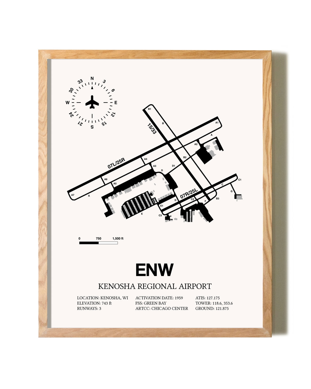 Kenosha Regional Airport framed print in natural wood frame