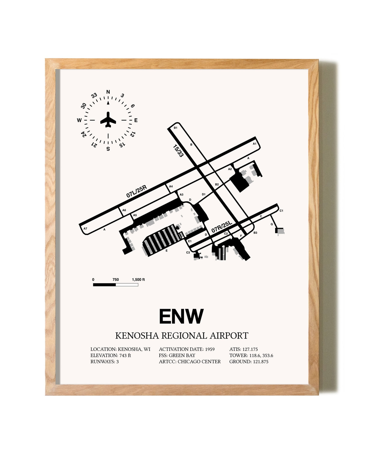 Kenosha Regional Airport framed print in natural wood frame