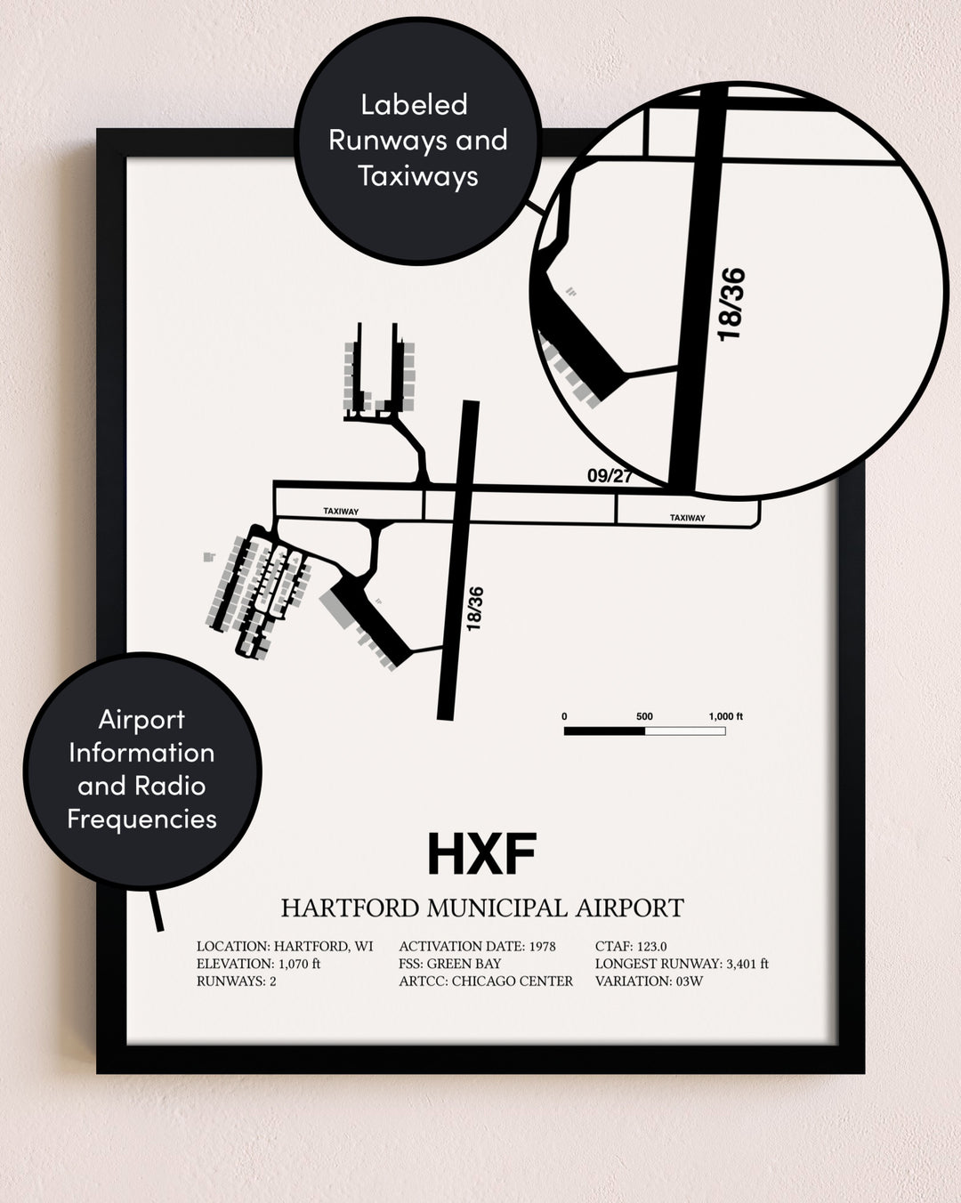 Framed Hartford Municipal Airport layout wall art poster