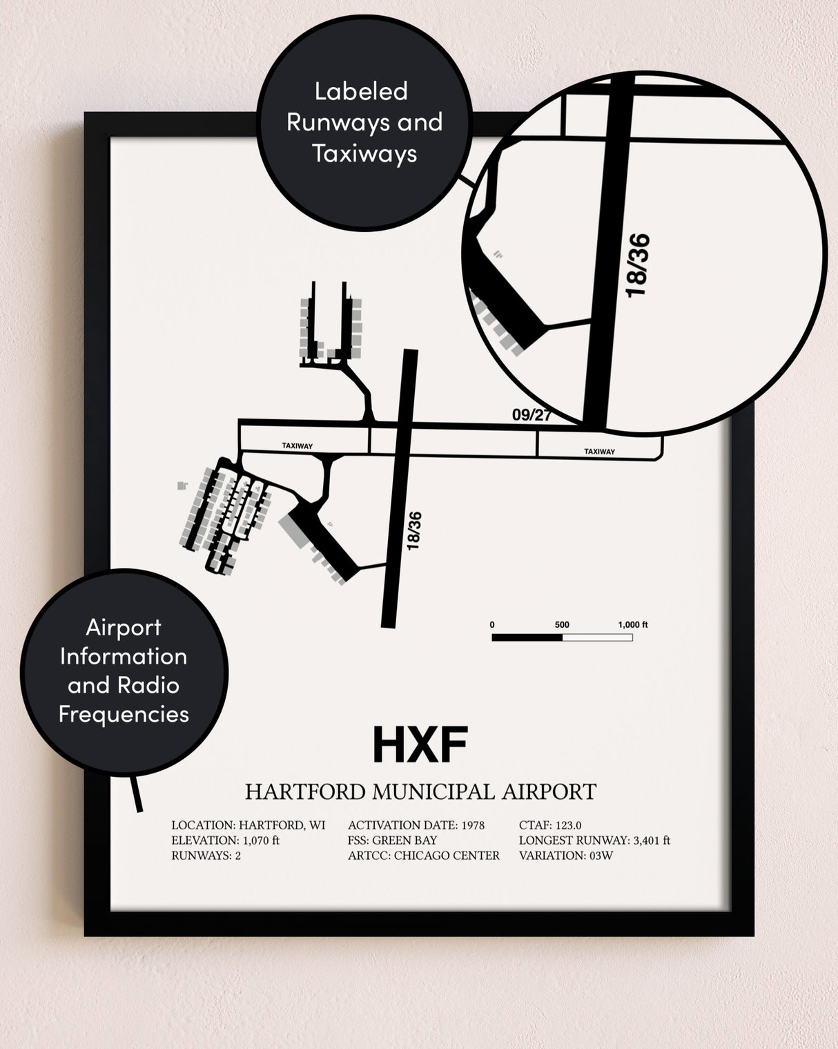 Framed Hartford Municipal Airport layout wall art poster