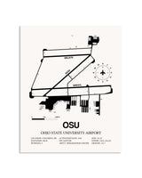 Gray Ohio State University Airport framed poster displayed in an airplane hangar