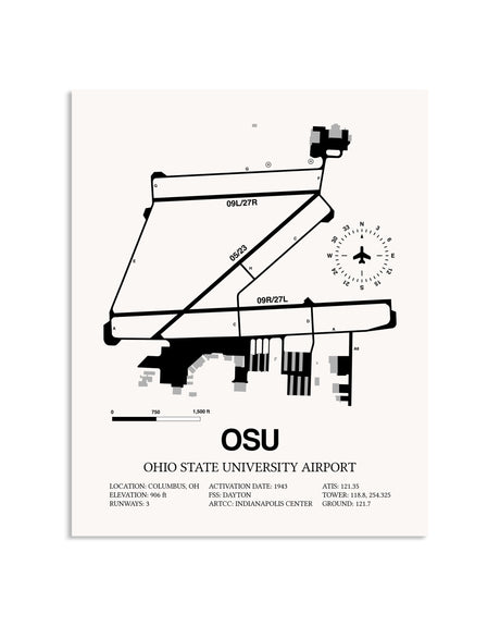 Gray Ohio State University Airport framed poster displayed in an airplane hangar
