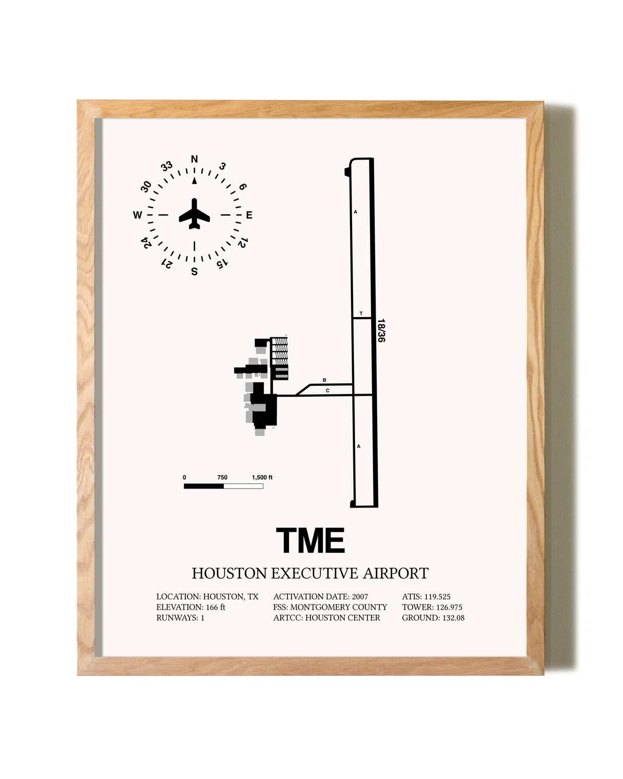 Houston Executive Airport framed print in natural wood frame