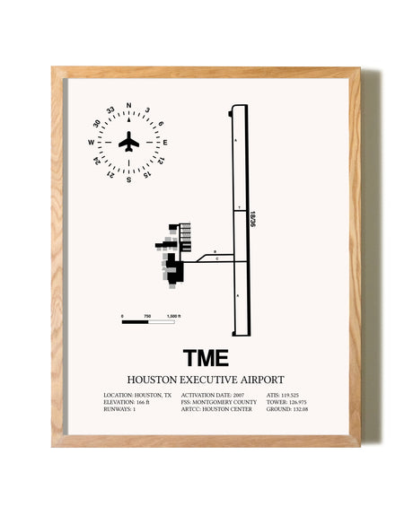 Houston Executive Airport framed print in natural wood frame