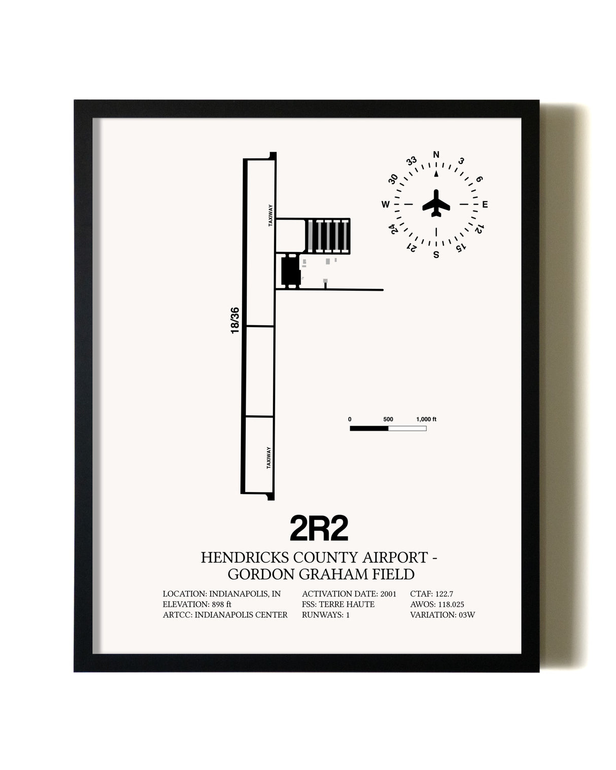 Framed Hendricks County Airport-Gordon Graham Field wall art poster in black frame