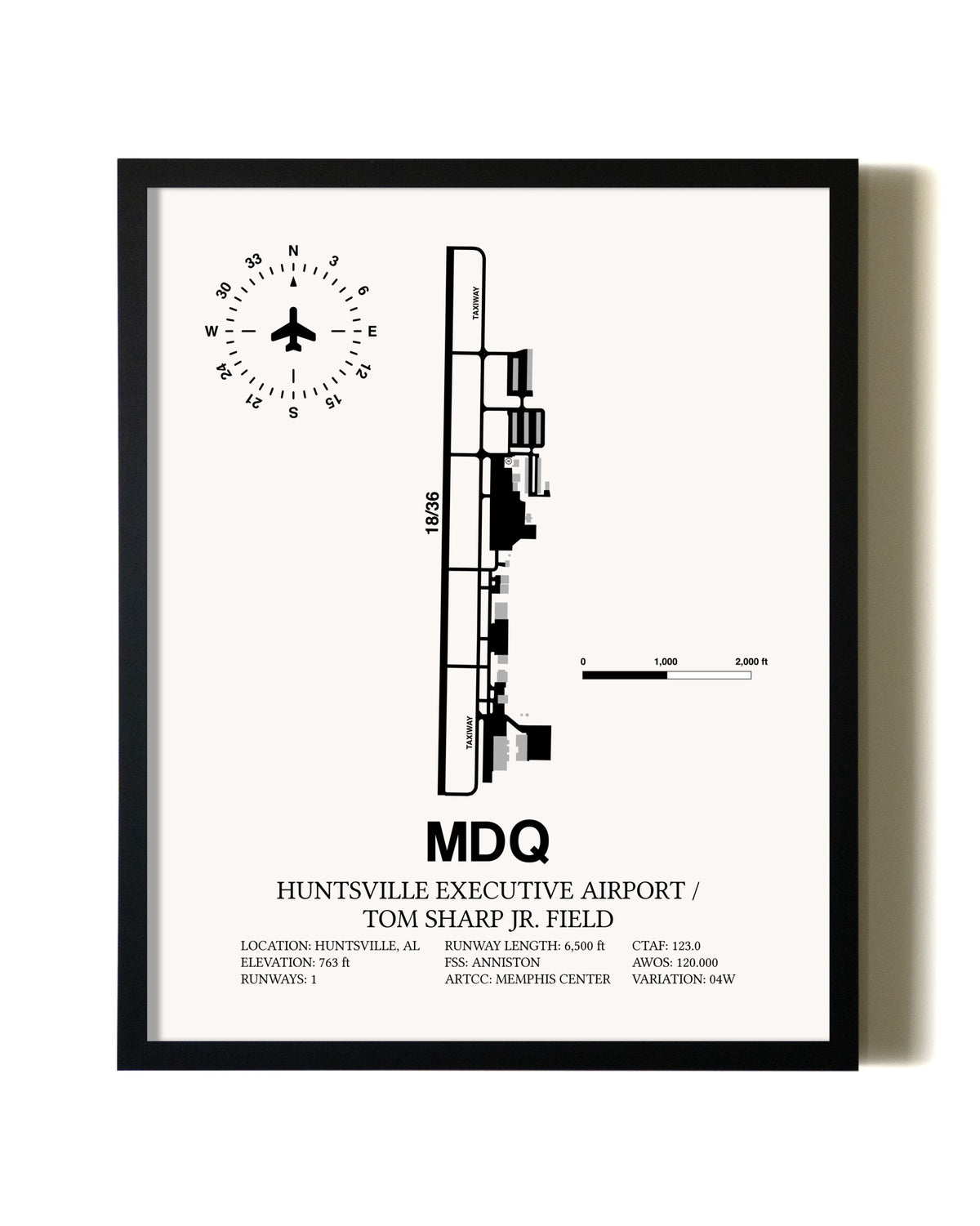 Framed Huntsville Executive Airport / Tom Sharp Jr. Field wall art poster in black frame