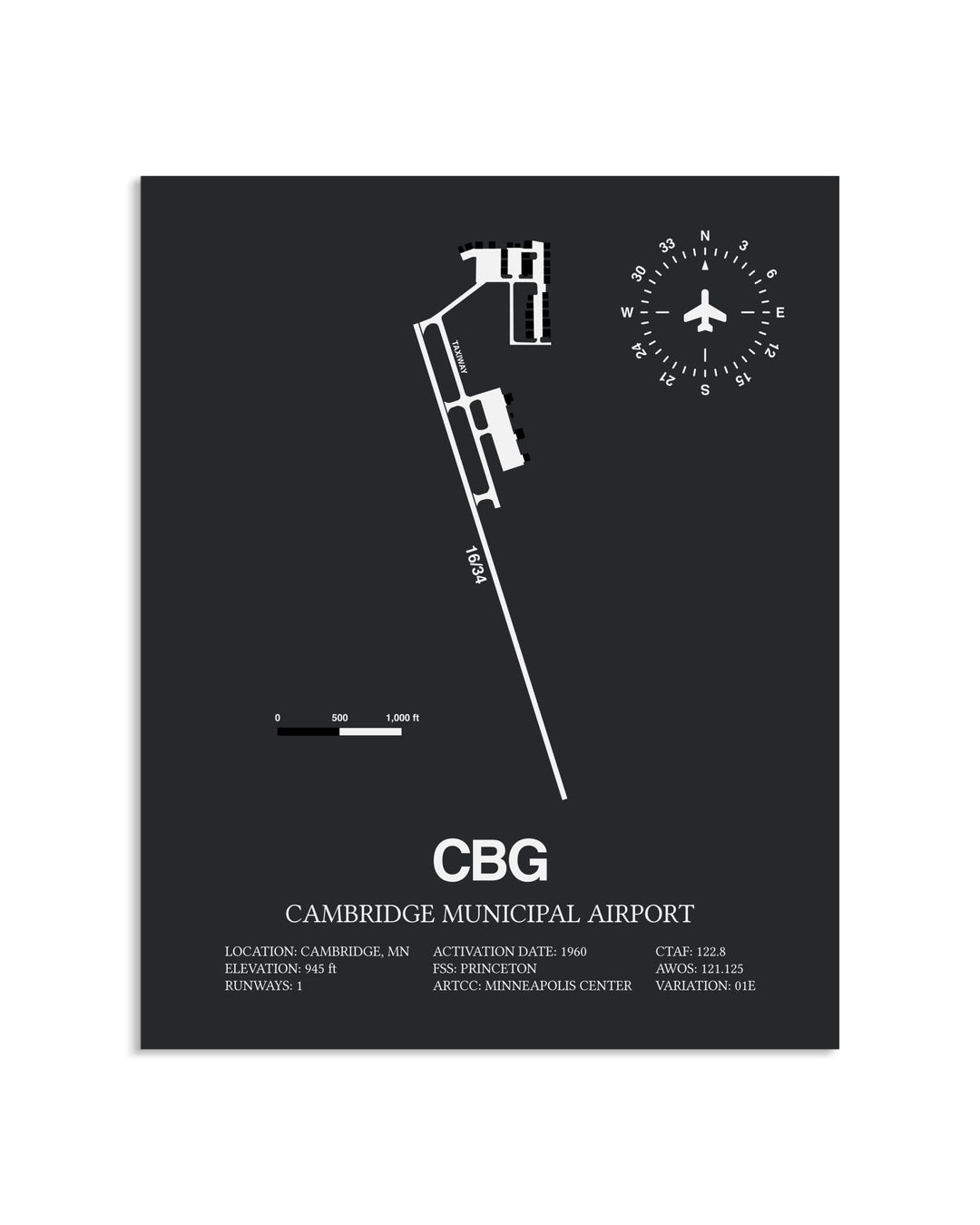 Gray Framed Cambridge Municipal Airport layout wall art poster