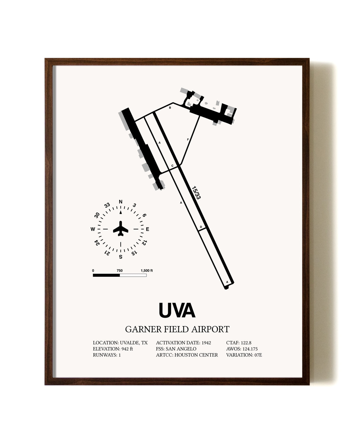 Garner Field Airport aviation print in walnut frame