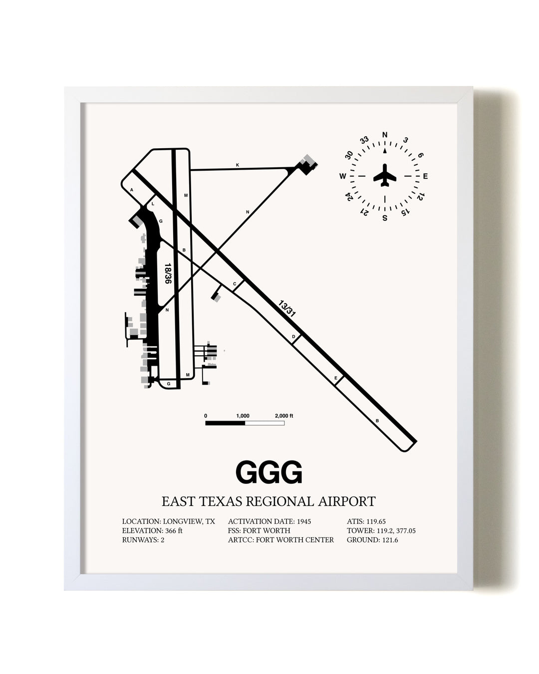 East Texas Regional Airport airport map poster in oak frame